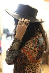 Leather Hat, Jewels & Patterned Blouse