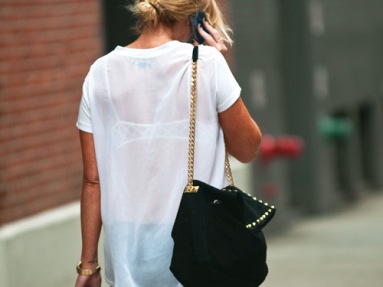 Simple Sheer White Tee & Gold Link Chain Purse