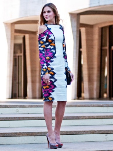 Patterned Body Con, Cut Out Dress